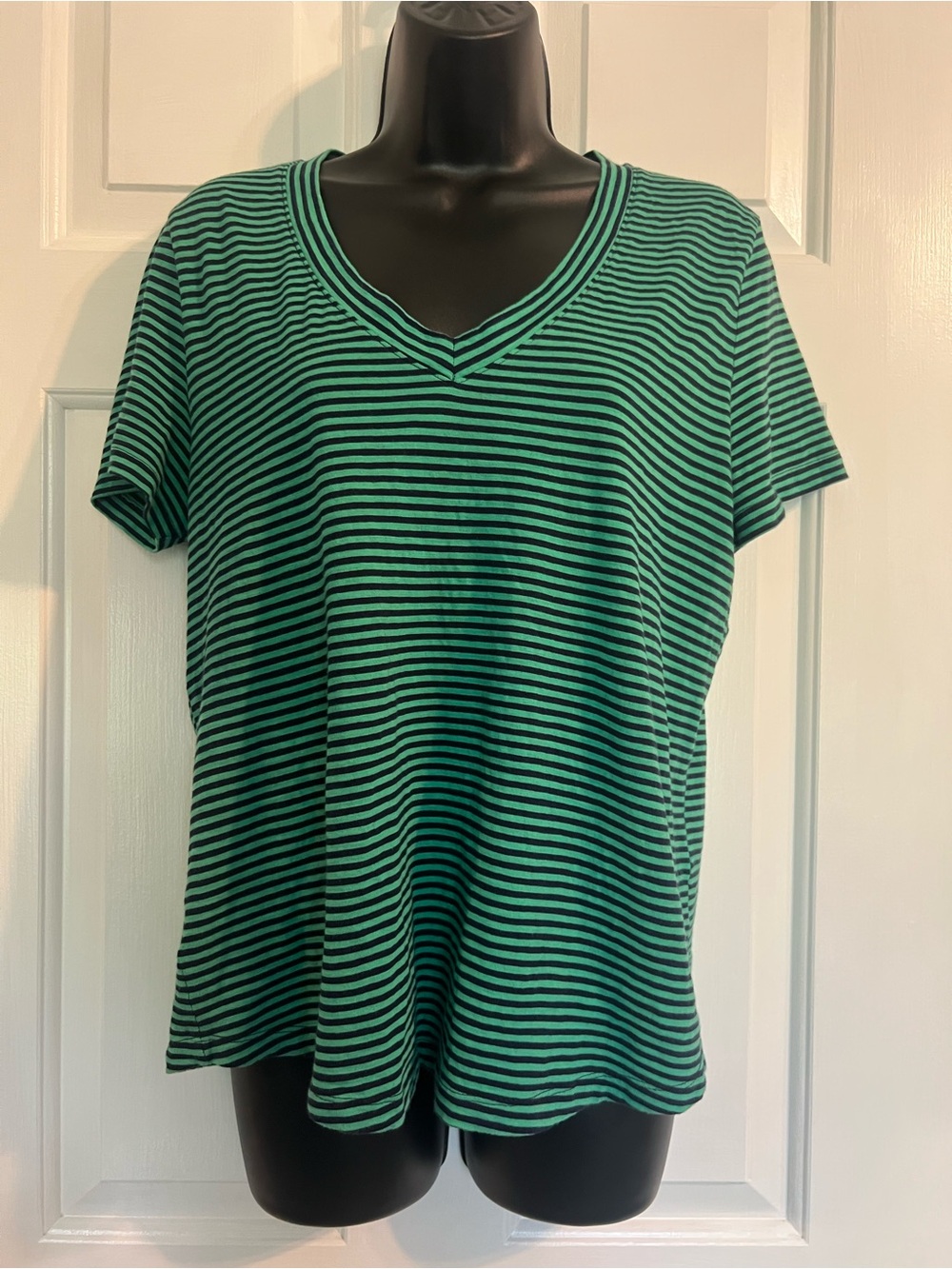 LOFT Navy and Green Striped Short Sleeve V‑Neck Tee